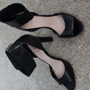 Vince Camuto  crocodile  embossed leather, ankle cuff open toed, chunky heel.